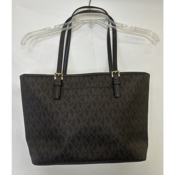 MICHAEL KORS Jet Set Charm Multi Carryall Tote Brown/Ivory LOGO Pattern Purse - Picture 2 of 16